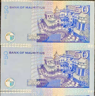 1999 MAURITIUS 50 RUPEES NOTES IN SEQUENCE AE438299 - AE438300