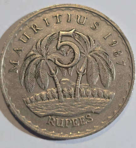 1987 Five Mauritius Rupees Coin