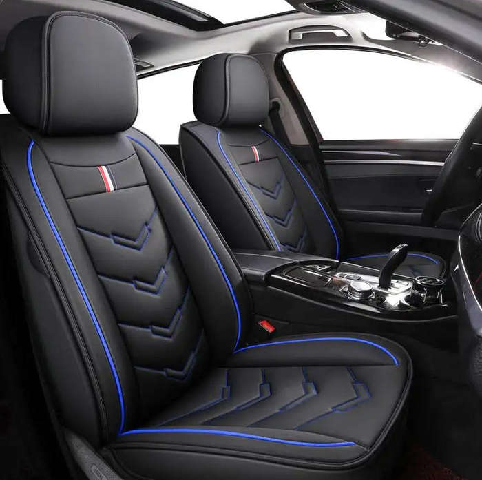 5-Piece Universal PU Leather Car Seat Cover Set  Blue & Black  Front & Rear Seat Protection for Ca