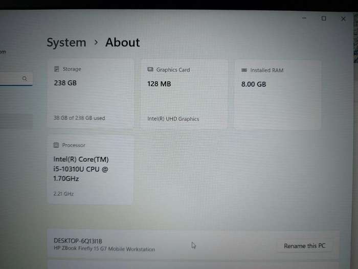 HP Zbook Firefly 15 G7 i5-10310U 1.7GHz 8GB Ram 256GB NVMe SSD