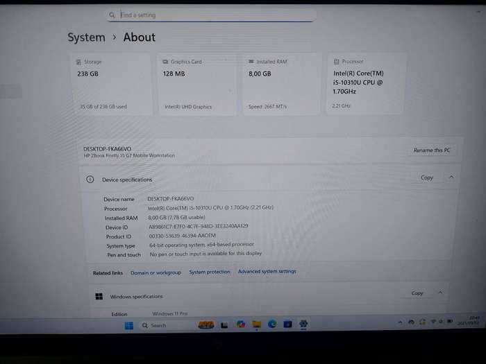 HP Zbook Firefly 15 G7 i5-10310U 1.7GHz 8GB Ram 256GB NVMe SSD