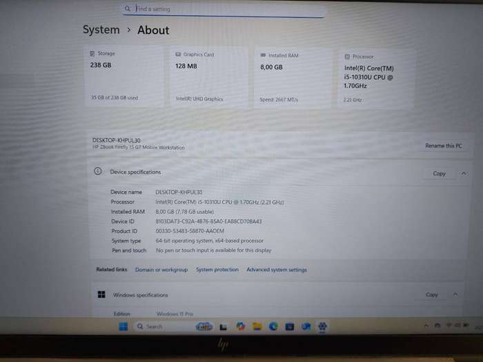 2020 HP Zbook Firefly 15 G7 i5-10310U 1.7GHz 8GB Ram 256GB NVMe SSD