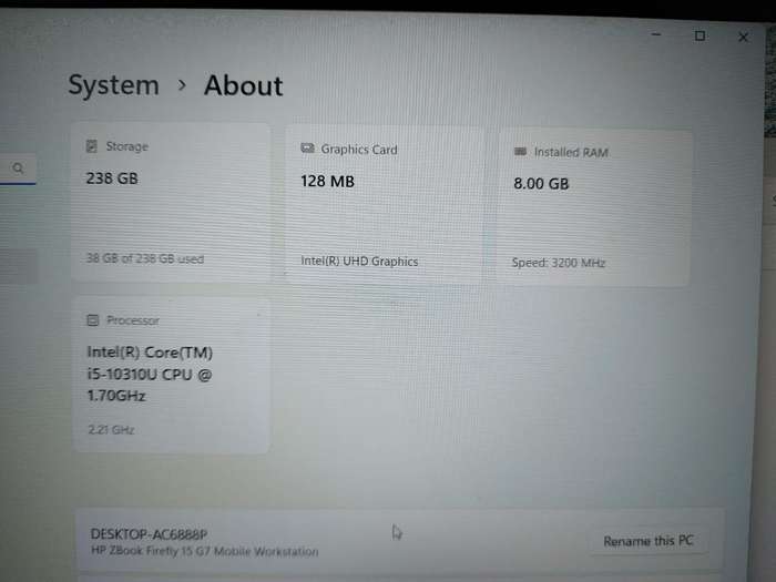 HP Zbook Firefly 15 G7 i5-10310U 1.7GHz 8GB Ram 238GB NVMe SSD