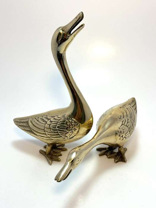 Vintage Pair of Solid Brass Duck Sculptures  1970s Geese Figures with Open Mouths