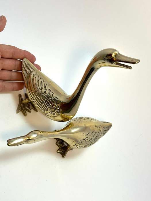 Vintage Pair of Solid Brass Duck Sculptures  1970s Geese Figures with Open Mouths