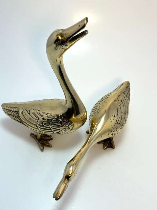 Vintage Pair of Solid Brass Duck Sculptures  1970s Geese Figures with Open Mouths