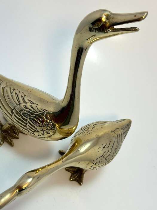Vintage Pair of Solid Brass Duck Sculptures  1970s Geese Figures with Open Mouths