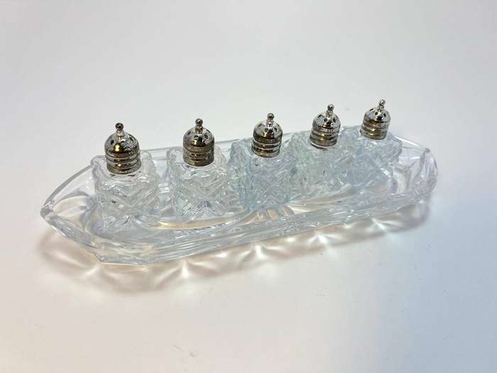 Elegant Vintage Raimond Silversmiths Salt & Pepper Set  Made in Japan  8 Pieces with Glass Platter