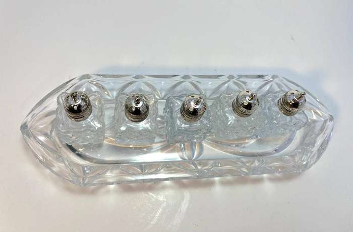 Elegant Vintage Raimond Silversmiths Salt & Pepper Set  Made in Japan  8 Pieces with Glass Platter