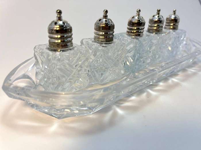 Elegant Vintage Raimond Silversmiths Salt & Pepper Set  Made in Japan  8 Pieces with Glass Platter