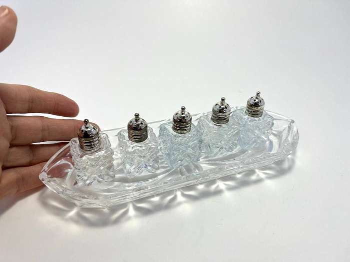 Elegant Vintage Raimond Silversmiths Salt & Pepper Set  Made in Japan  8 Pieces with Glass Platter