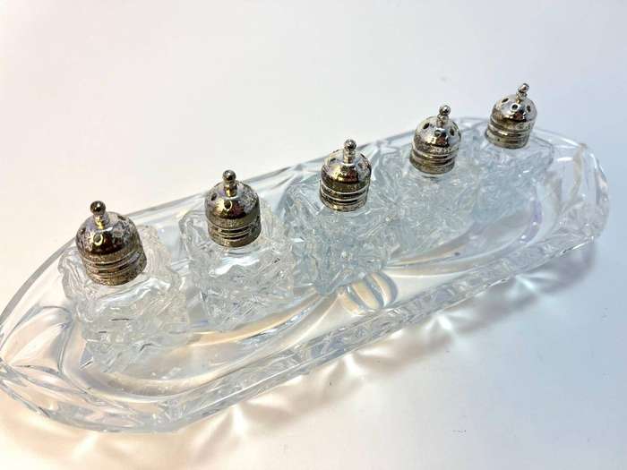 Elegant Vintage Raimond Silversmiths Salt & Pepper Set  Made in Japan  8 Pieces with Glass Platter