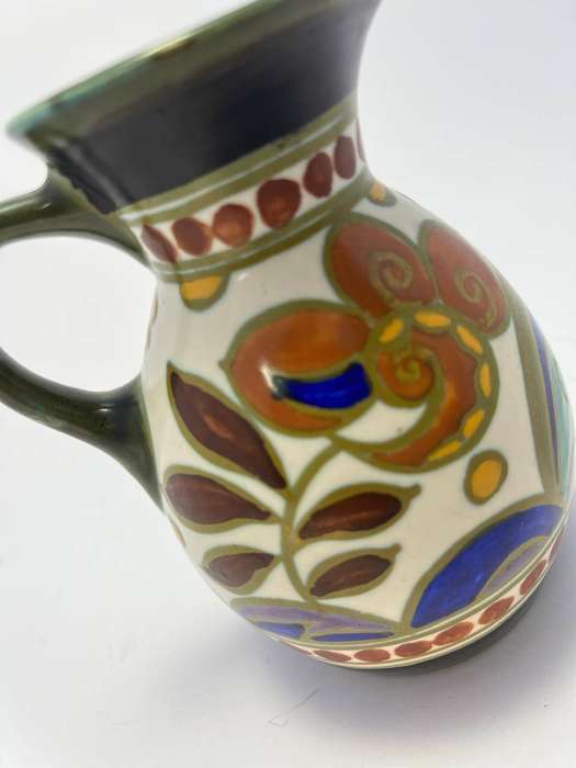 Gouda Pottery, Zuid Holland, Victoria Royal Holland Signed Art Deco Floral Ceramic Pitcher