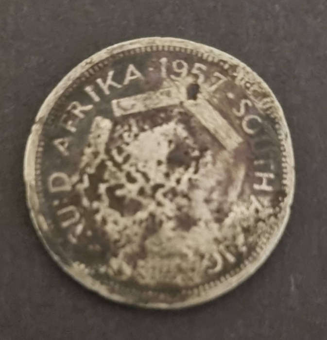 1957 South African 6 pence- error coin