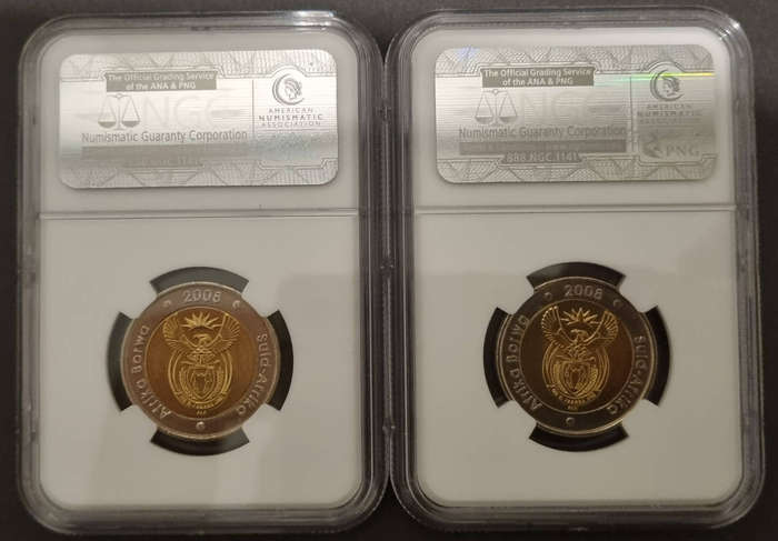 2008 South Africa R5  Nelson Mandela 90th birthday  2x ngc ms67 certified coins