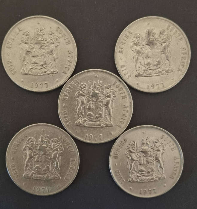Lot of 5x South Africa 1 Rand Coins - 1977