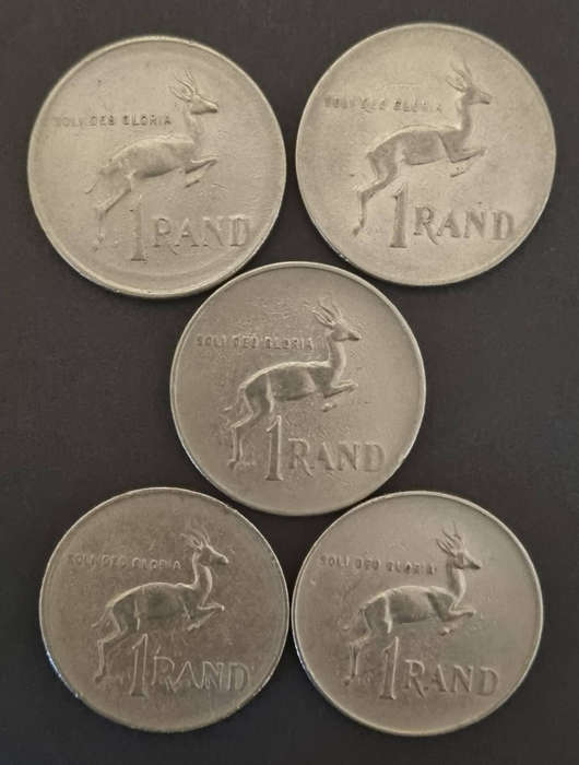 Lot of 5x South Africa 1 Rand Coins - 1977