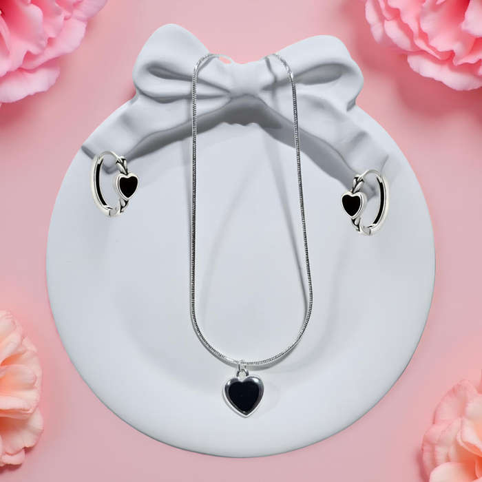 Black Heart Sterling Silver Necklace & Earrings Set