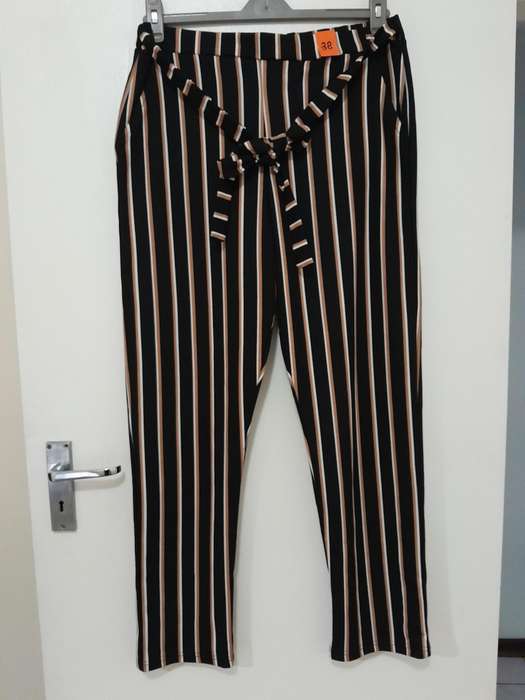 Ladies Black with brown/white stripped belted pants - casual - smart - size 38