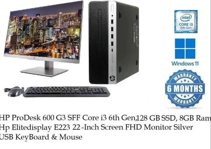 HP PRODESK 600 G3 SFF CORE i3 6 Gen 2.8 GHZ 8 GB RAM 128 GB SSD WINDOWS 11 PRO 22 Inch HP Monitor