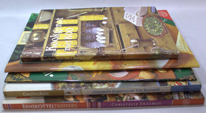 Five Assorted Cookbooks and Magazines Hard and Soft Cover Afrikaans Cookbooks