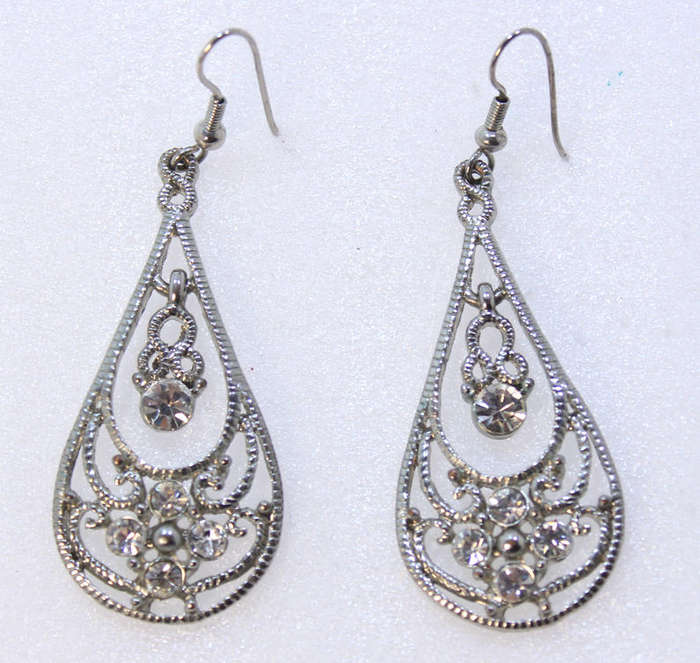 Pair of Silver and Rhinestone Gem  Tear Drop Earrings for Evening Wear