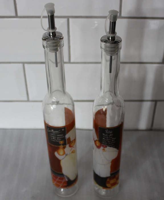 Two Tall Slim Glass Salad Dressing Bottles with Pourers
