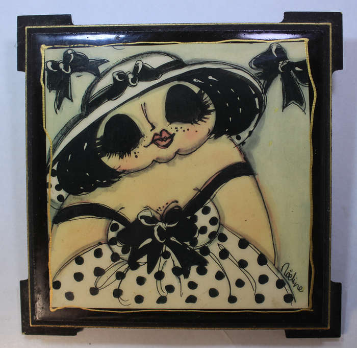 Framed Tiled Painted Image of a Lady in Summer Finery by Noeline