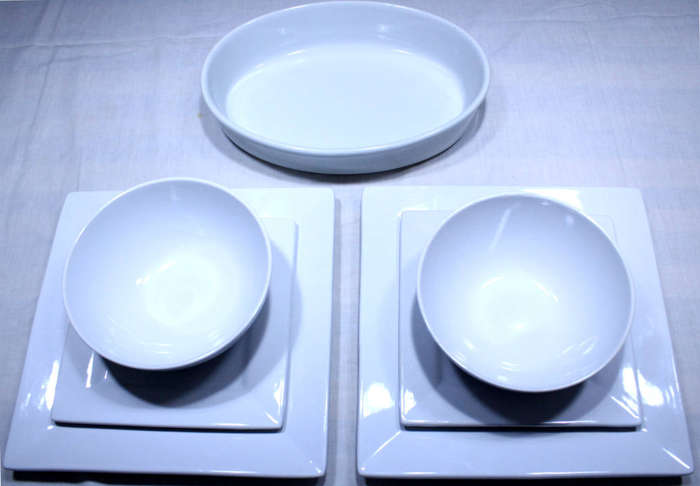 Brilliant White Porcelain Dinner Set For Two, Seven Pieces