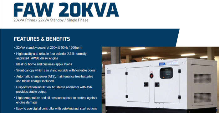 FAW 20KVA Silent Generator Single Phase incl Change over Switch and DB board