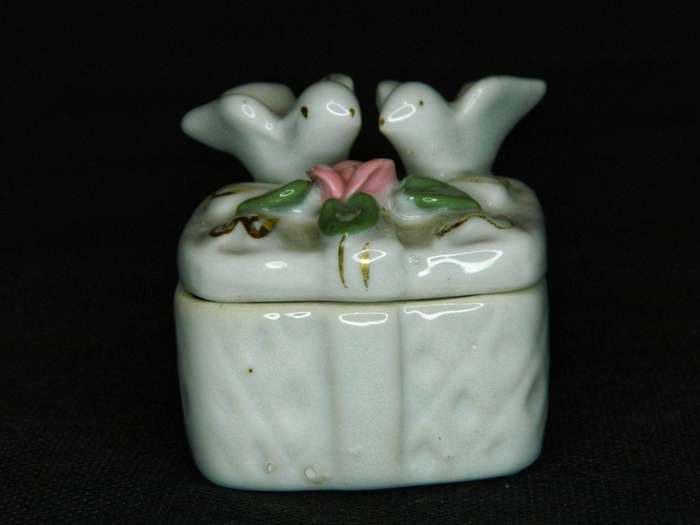 Vintage Porcelain Doves Trinket Box and Lid with Rose
