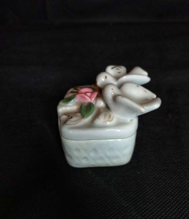Vintage Porcelain Doves Trinket Box and Lid with Rose