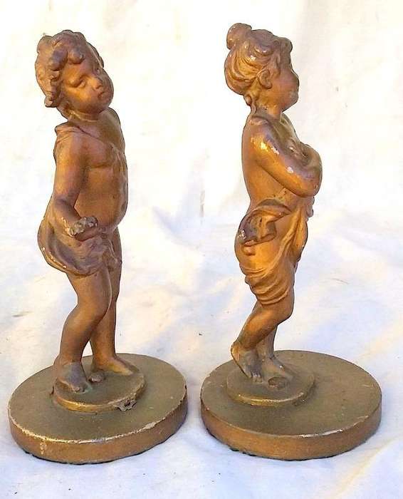 Extremely rare pair of 1800's Gold painted cast lead Cherub paper weights