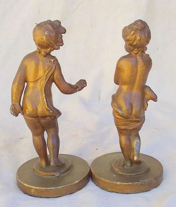 Extremely rare pair of 1800's Gold painted cast lead Cherub paper weights