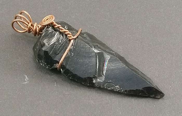 Natural Obsidian Arrowhead Gemstone Solid Copper Pendant.