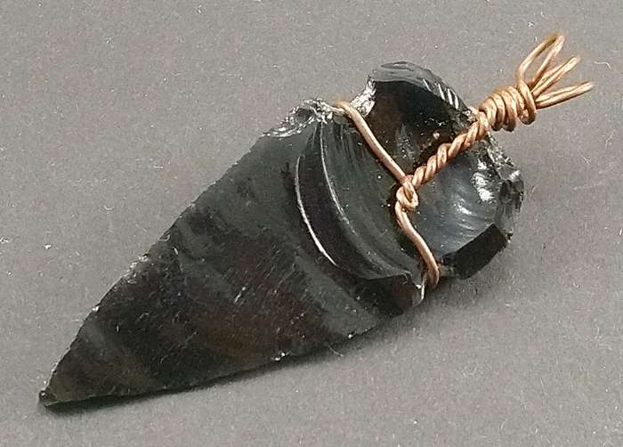 Natural Obsidian Arrowhead Gemstone Solid Copper Pendant.