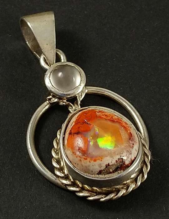 Handcrafted Natural Matrix Opal And Natural Moonstone Gemstone Solid Sterling Silver Pendant