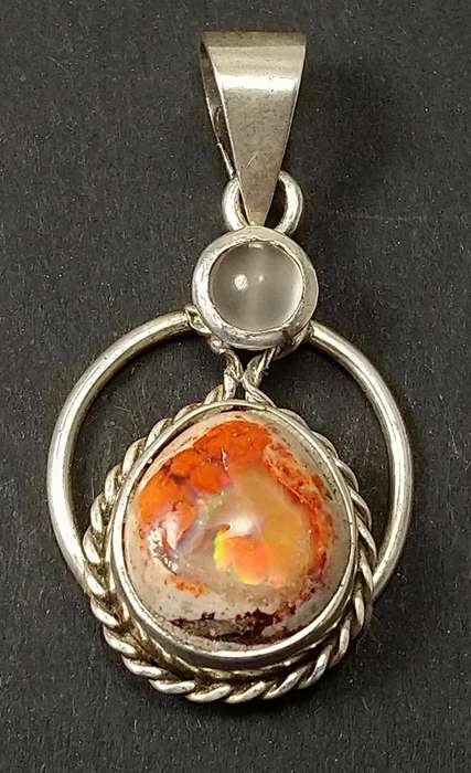 Handcrafted Natural Matrix Opal And Natural Moonstone Gemstone Solid Sterling Silver Pendant