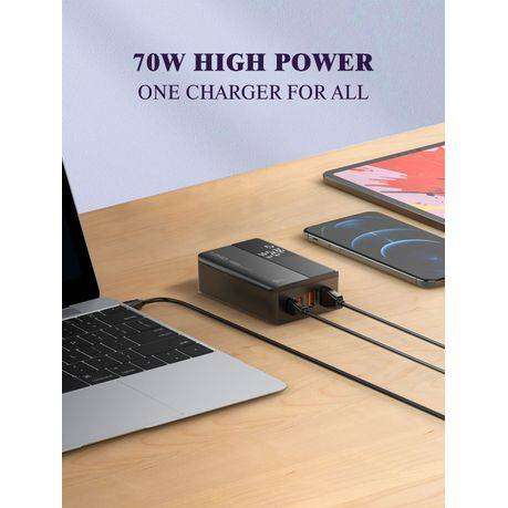 70W USB-C PD Fast Charger with QC4+ & LED Display - 4-Port Desktop Hub