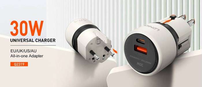 Compact 30W dual-port wall charger with USB-C PD & USB-A  fast With USB-C To USB-C 1Meter Cable