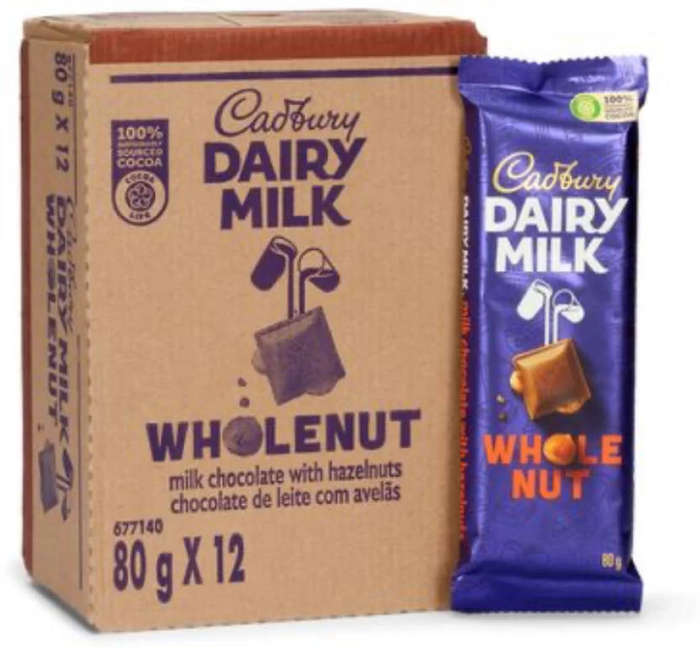 Cadbury Dairy Milk Wholenut Chocolate Bars  Box of 12 x 80g Slabs