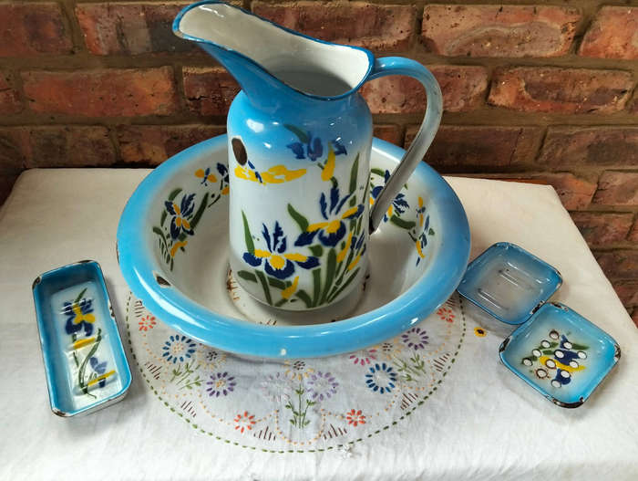 Vintage Enamel Wash Set  Jug, Basin & Accessories  Hand Painted Irises (1950s/60s)
