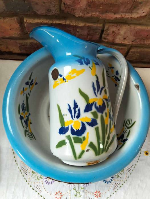 Vintage Enamel Wash Set  Jug, Basin & Accessories  Hand Painted Irises (1950s/60s)