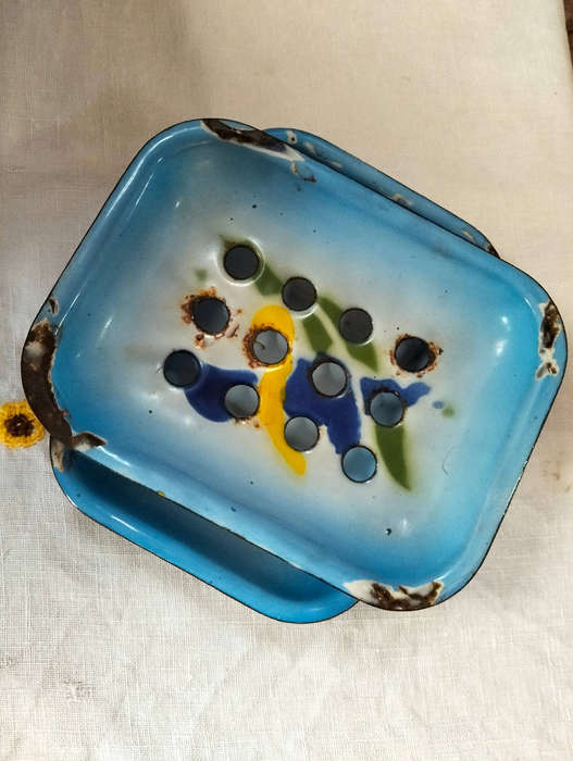 Vintage Enamel Wash Set  Jug, Basin & Accessories  Hand Painted Irises (1950s/60s)