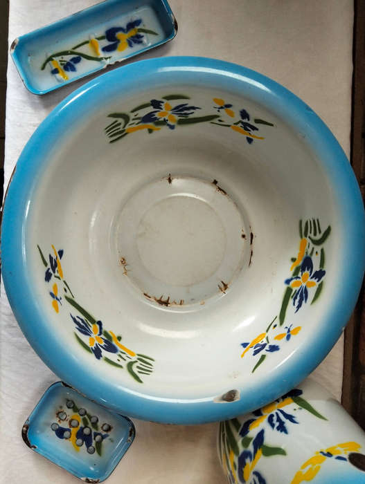 Vintage Enamel Wash Set  Jug, Basin & Accessories  Hand Painted Irises (1950s/60s)