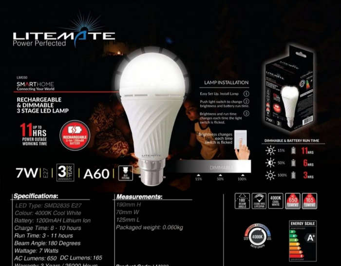 LITEMATE RECHARGEABLE AND DIMMABLE A60 GLOBE (SCREW IN TYPE)