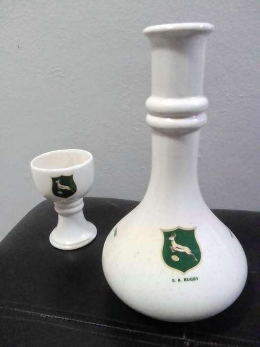 Vintage S.A. Rugby Springboks Ceramic Decanter & 4 Goblets  Rare Collectors Set