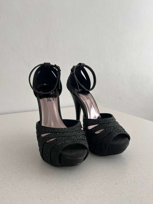 Open Toed High Heels with Black Rhinestones - Orbit Collection