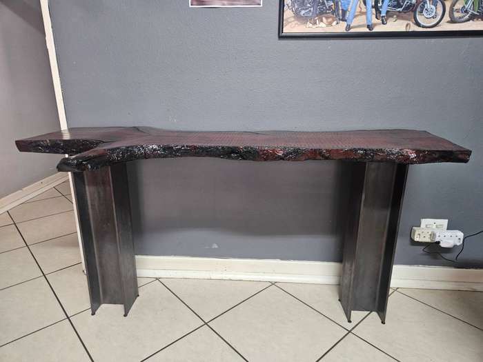 Live Edge Oak Slap Table - Dark Stain - Industrial I-Beam Legs - Handmade Console / Desk