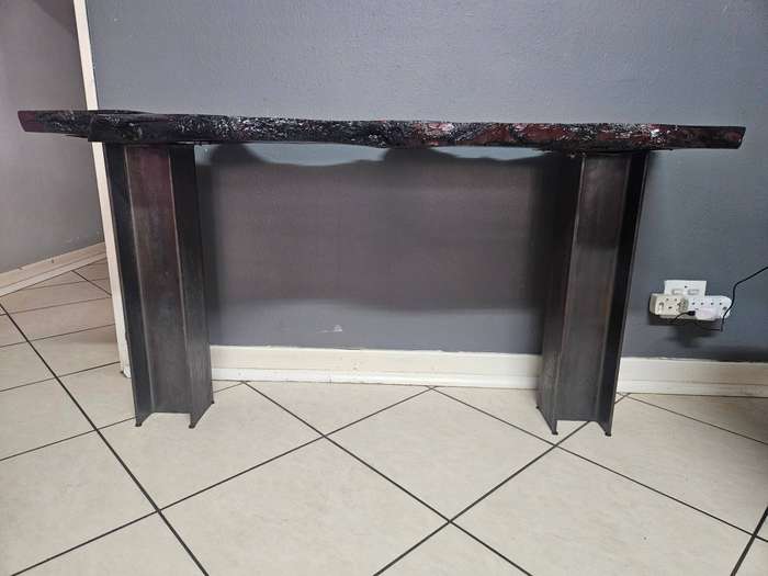 Live Edge Oak Slap Table - Dark Stain - Industrial I-Beam Legs - Handmade Console / Desk